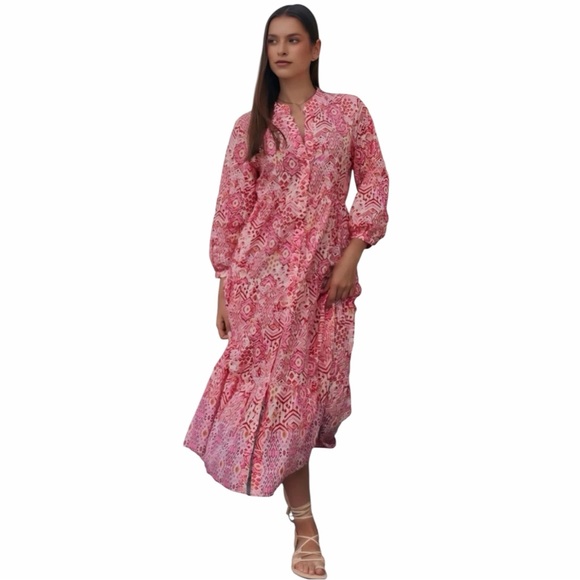 Zara Printed Tiered Midi Dress in pink and white Size XS Relaxed Oversized Fit - Picture 3 of 7